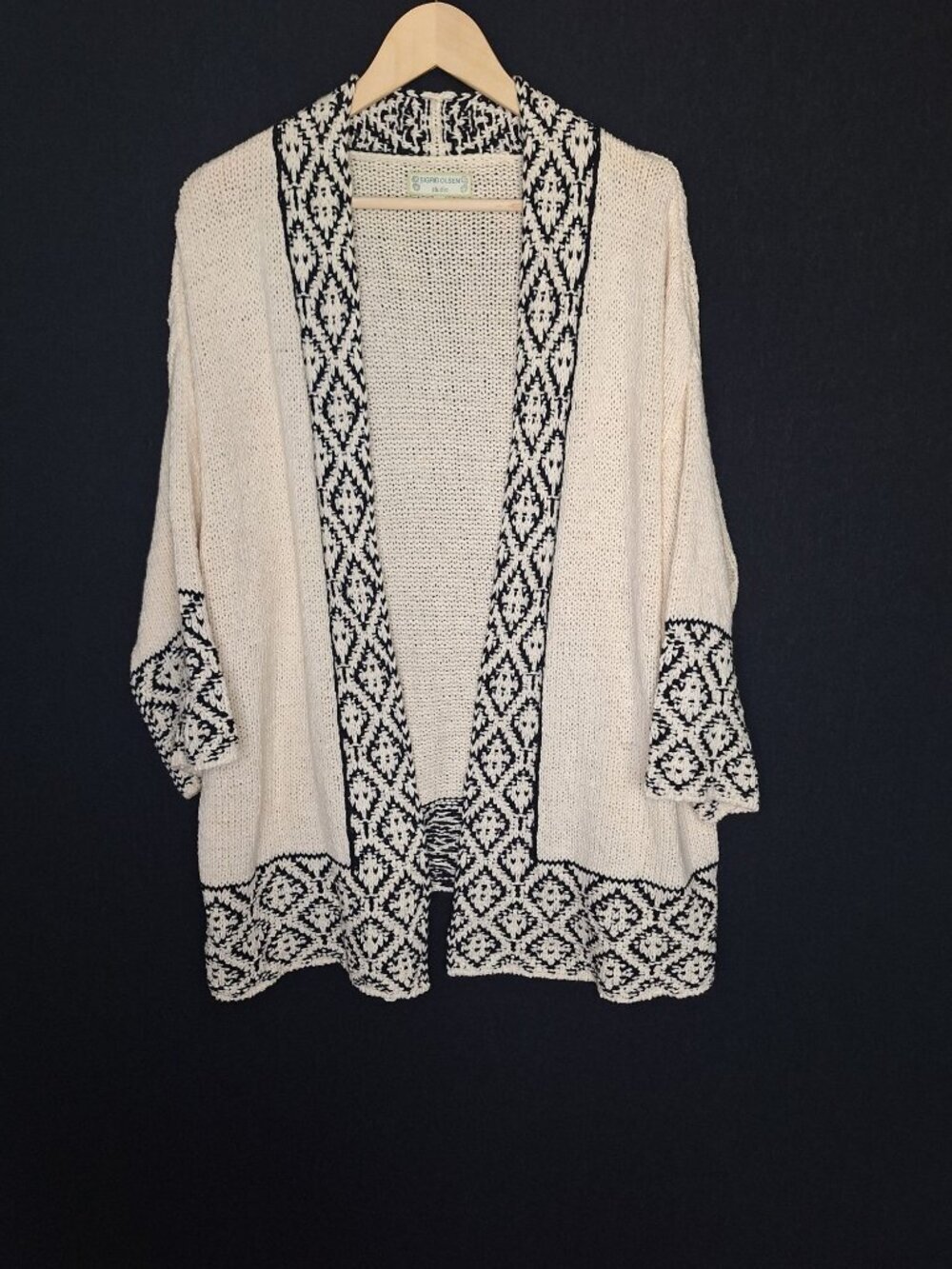 💙 Sigrid Olsen Studio Open Cardigan Cream Black Knit Size XL Boho Sweater Jacke